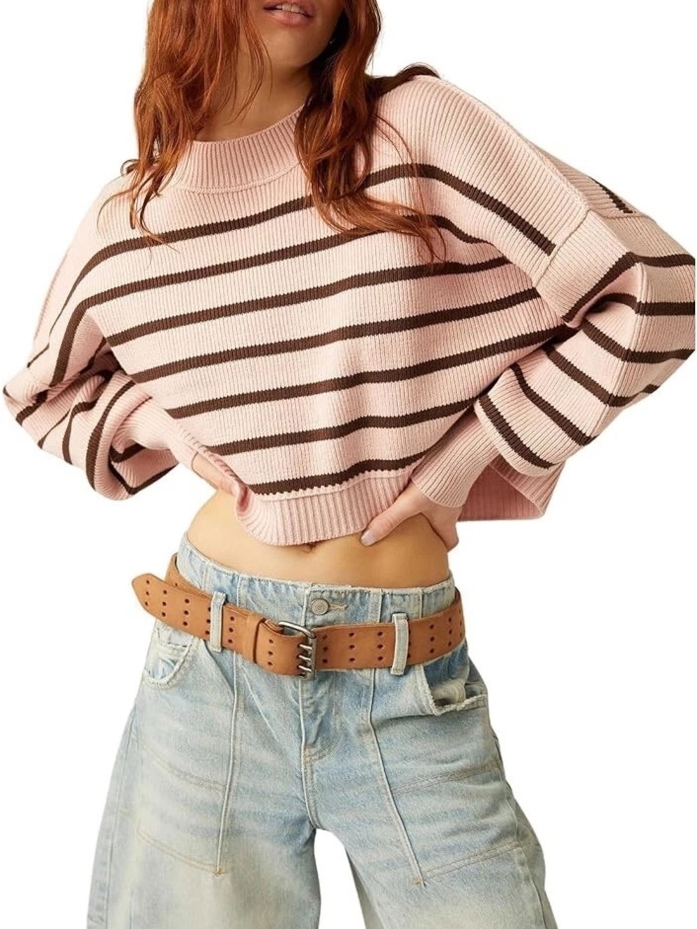 Free People Easy Street Stripe Crop Pullover Sweater S Pink Lotus Rose Brown